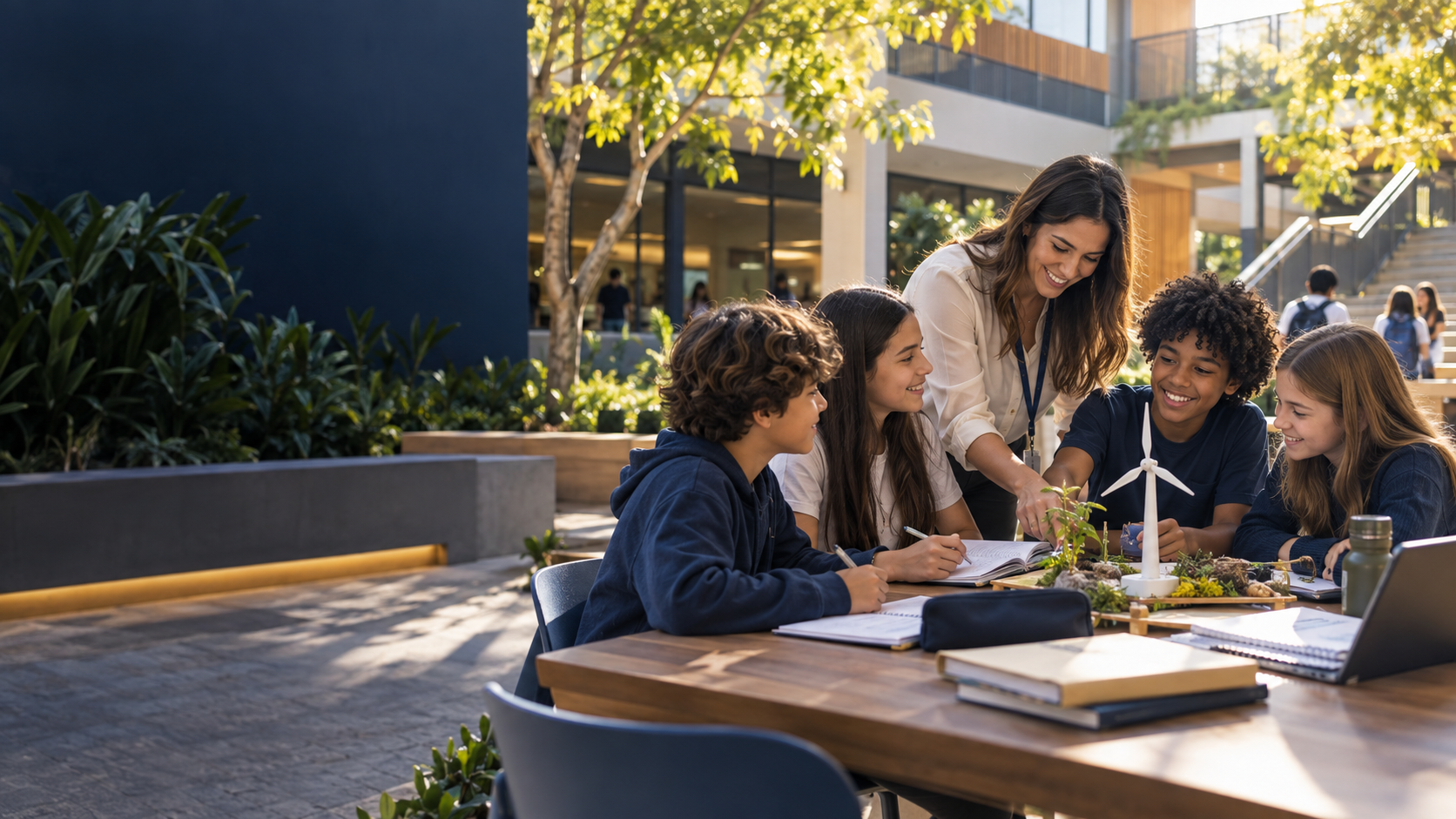 Estudantes desenvolvendo um projeto escolar com acompanhamento de uma educadora